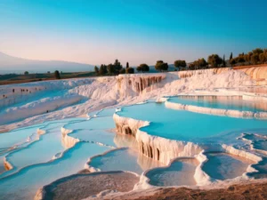White travertine terraces and bright blue thermal pools at Pamukkale, Turkey.