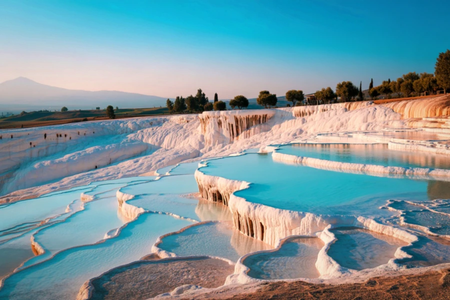 White travertine terraces and bright blue thermal pools at Pamukkale, Turkey.