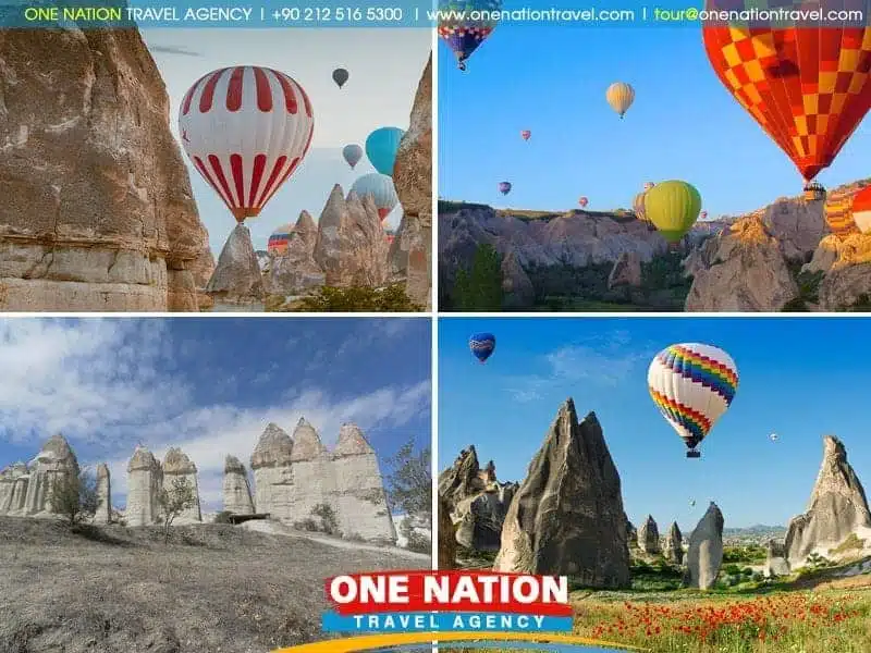 Tourists exploring Cappadocia's unique rock formations on a 2-day tour from Istanbul, featuring 'Turkey tours.