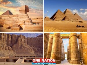 Explorers enjoying the historical landmarks on a 5 Days Cairo and Luxor Tour, featuring the Great Pyramids of Giza and the majestic temples of Luxor.