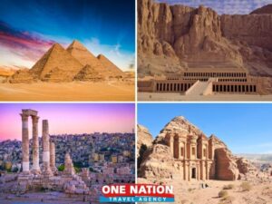 Tourists exploring historical sites on a 10-day Egypt and Jordan Discovery Tour.