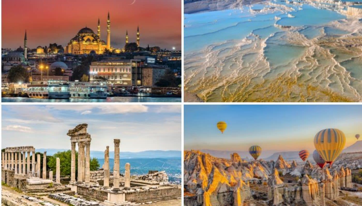Explore Turkey's wonders on a 10-day tour: Istanbul's skyline, Pamukkale's terraces, Pergamon, Ephesus ruins, and Cappadocia's landscapes.