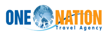 One Nation Travel Agency logo featuring a globe with linked figures and bold blue and orange text.