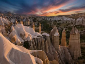 A breathtaking sunset view of the iconic fairy chimneys and ancient volcanic rock formations in Cappadocia, Turkey, illuminated under a vibrant orange and purple sky.
